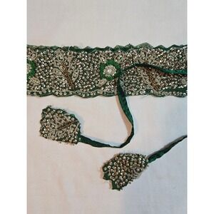 Embellished Beaded Green Fabric Belt with Ties Handmade in India New